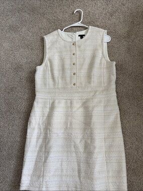Ann Taylor Cream Sleeveless Tweed Sheath Dress with Front Buttons